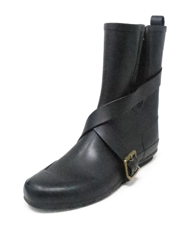 Burberry Black Rubber Boots w/ Buckle Trim sz 8