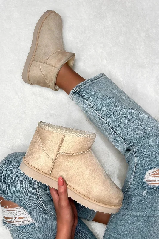 Price Rollback BEIGE FAUX SUEDE ULTRA MINI COZY SNOW ANKLE BOOTS