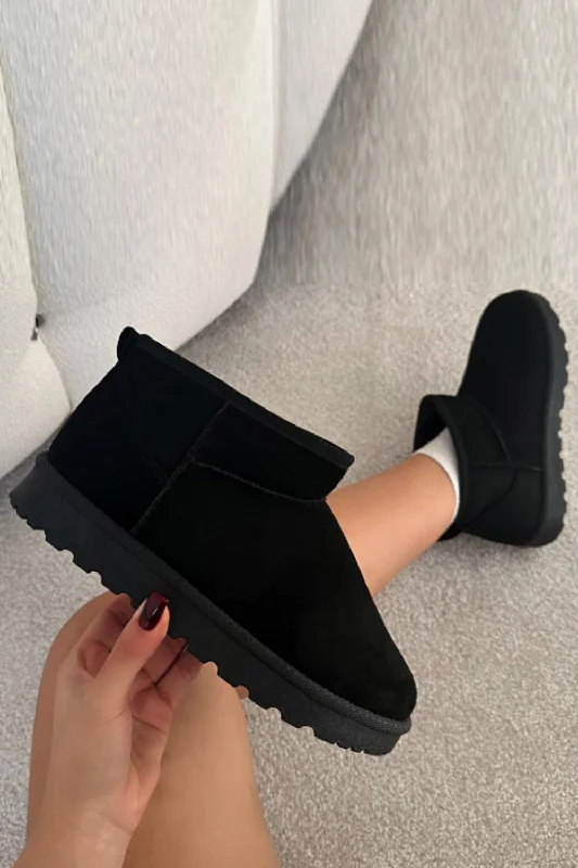 BLACK FAUX SUEDE ULTRA MINI COZY SNOW ANKLE BOOTS