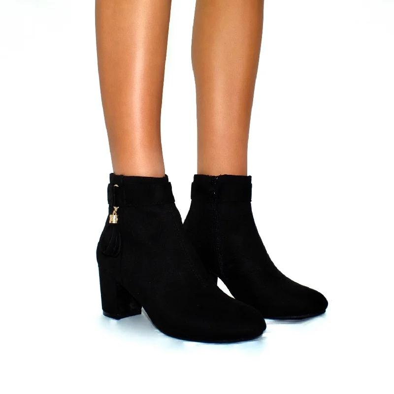 New Deals Dani - Black Faux Suede With Gold Tassel Detail Low Heel Ankle Boots