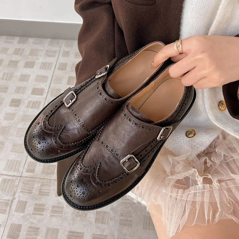 Handmade Horse Leather Double Monk Strap Shoes For Women in Coffee/Black