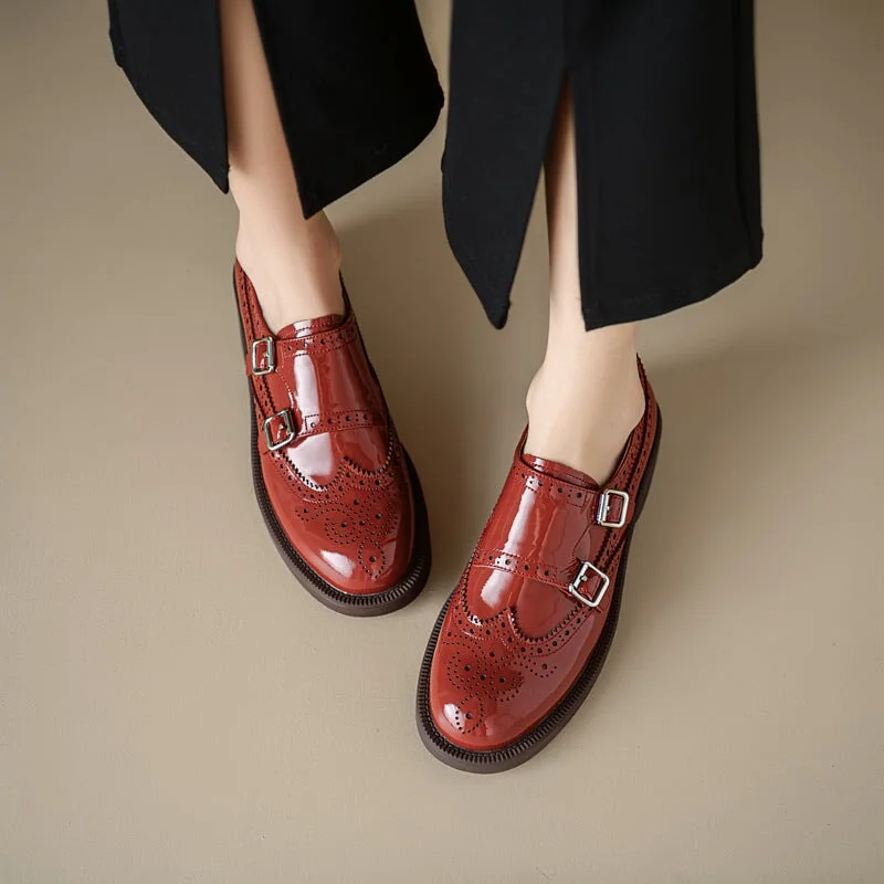 Act Now Handmade Patent Leather Double Monk Strap Shoes For Women in Red/Brown/Black