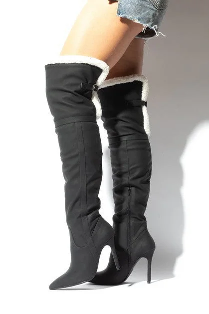 LOVE CIRCLE Black Faux Fur/Nubuck Thigh High Boot