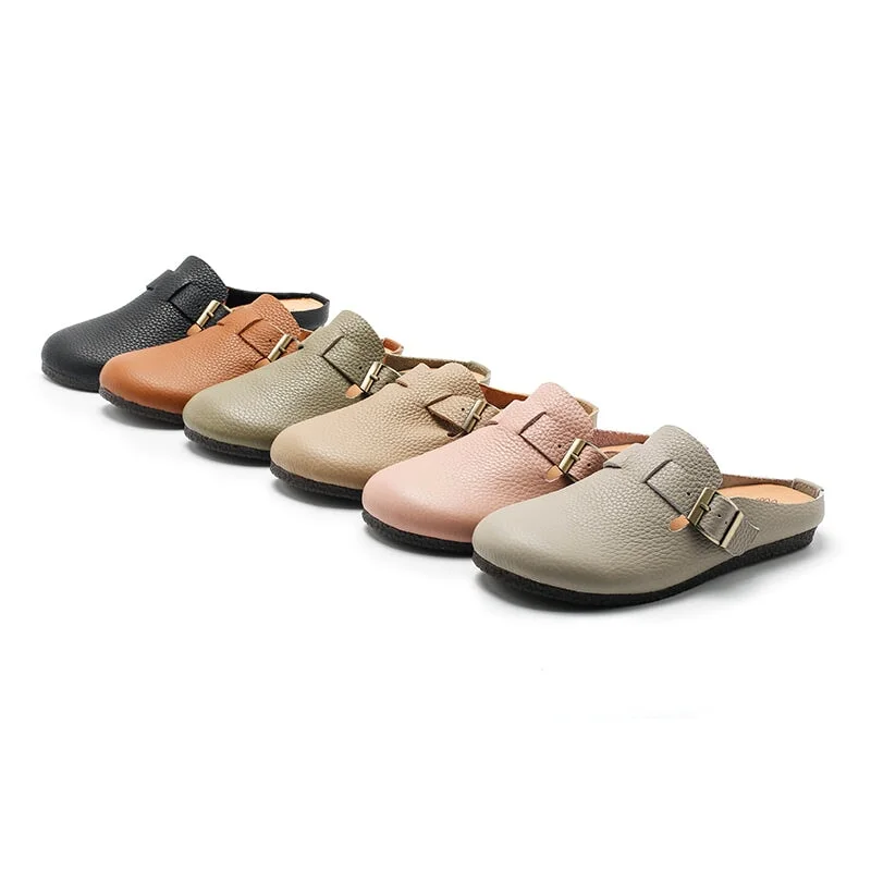 Buckle-fastening Detailed Leather Mules for Women Backless Sandals in 6 Colors