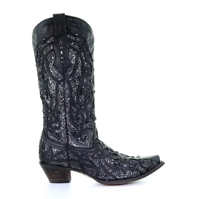 Corral Womens Glittered Inlay Cowboy Boots Leather Black/Grey