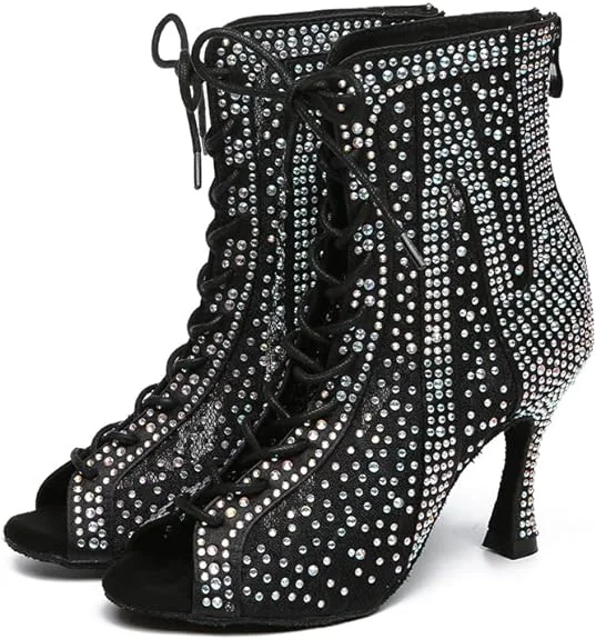 Dance Boots Black Rhinestone Dancing Shoes for Heels Salsa Bachata