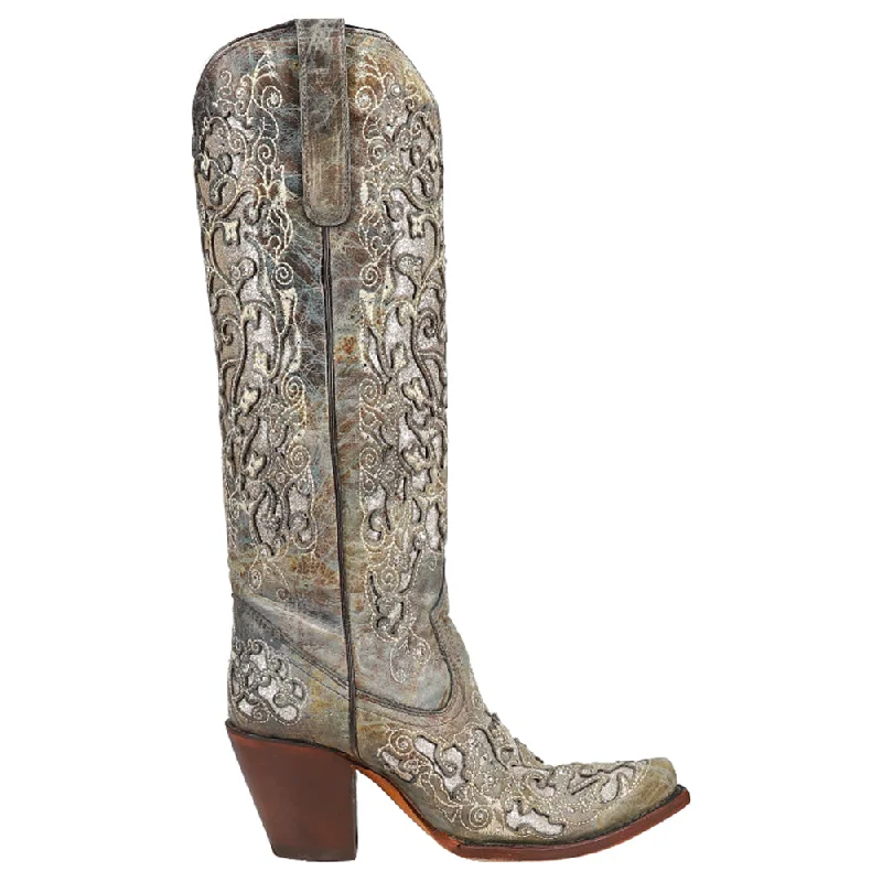 Distressed Glitter and Tooled-Inlay Snip Toe Cowboy Boots