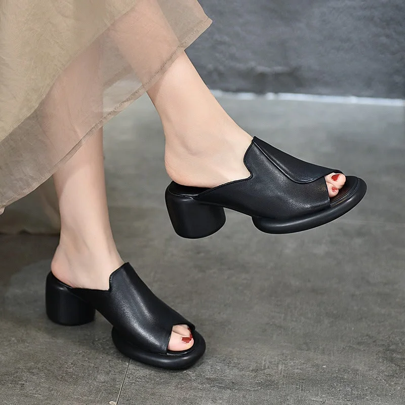 Savings Spectacular Handmade Genuine Leather Summer Slippers Block Heel in Black/Apricot