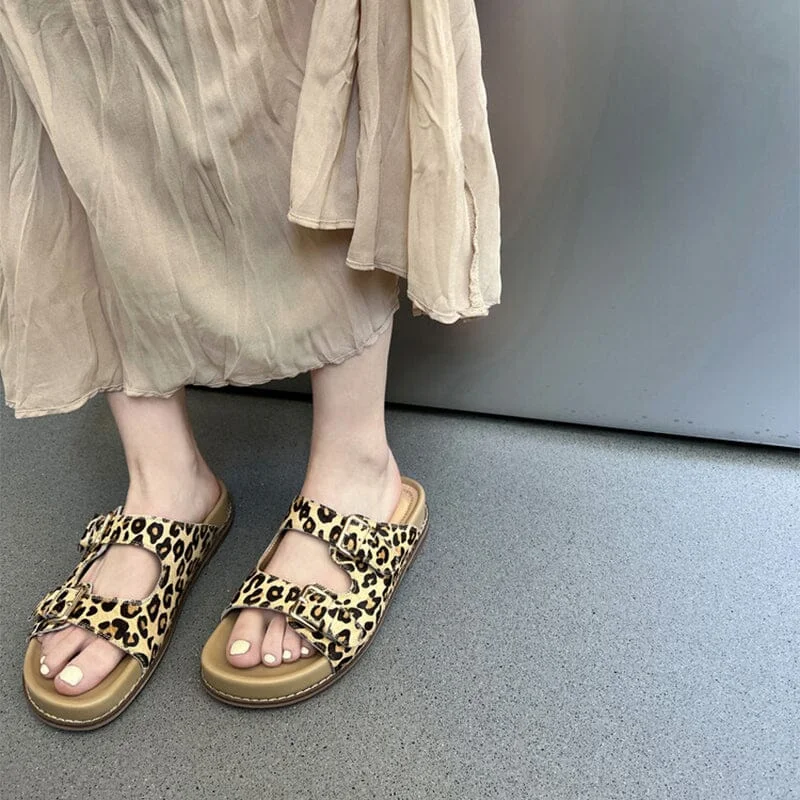 Season Finale Sale Handmade Leather Double-strap Slippers Footbed Sandals in Brown/Black/Leopard Season Finale Sale Handmade Leather Double-strap Slippers Footbed Sandals in Brown/Black/Leopard