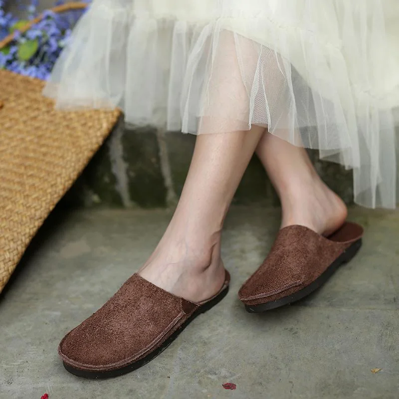 Handmade Retro Leather Mules Women Slippers Round Toe Mori Girl Flat Casual Summer Half Slippers Coffee/Red/Apricot/Black