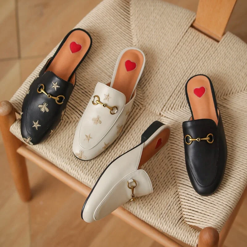Markdown Madness Horsebit-Detailed Leather Mules for Women Backless Loafers in Black/Beige with Embroidery Options