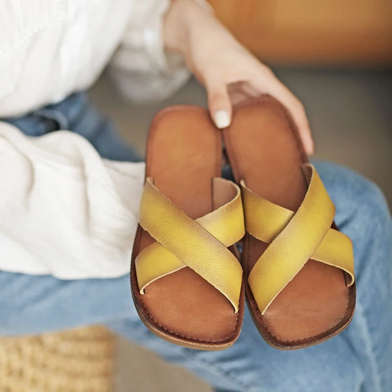Discount Days Leather Cross Strap Slide Sandals for Women Flat Slippers in Yellow/Brown/Beige