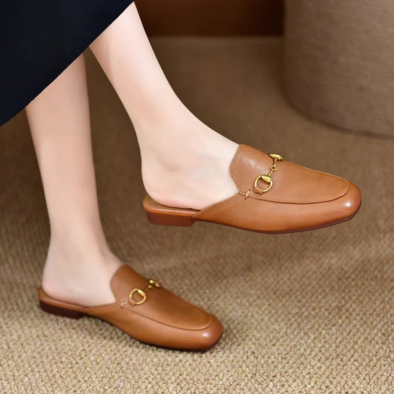 Instant Savings Retro Horsebit-Detailed Leather Loafer Mules for Women Backless Loafers in Black/White/Brown