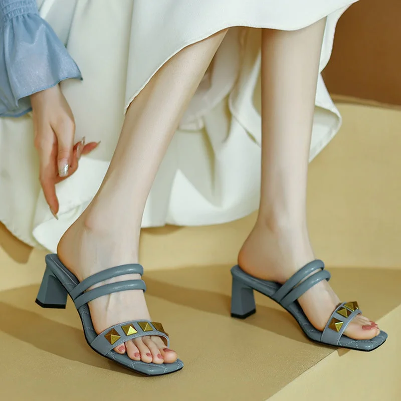 Midnight Sale Sheepskin Rivet 55mm Kitty Heel Gladiator Sandals in Blue/Beige