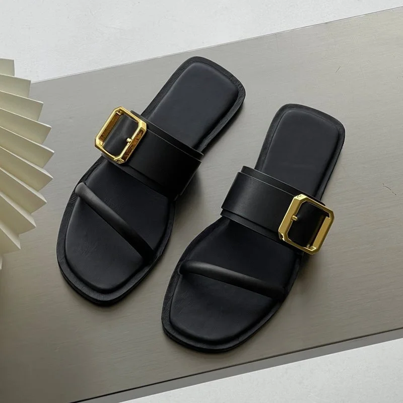 Bargain Bin Soft Leather Women Summer Slippers with Buckle Detail Handmade in Black