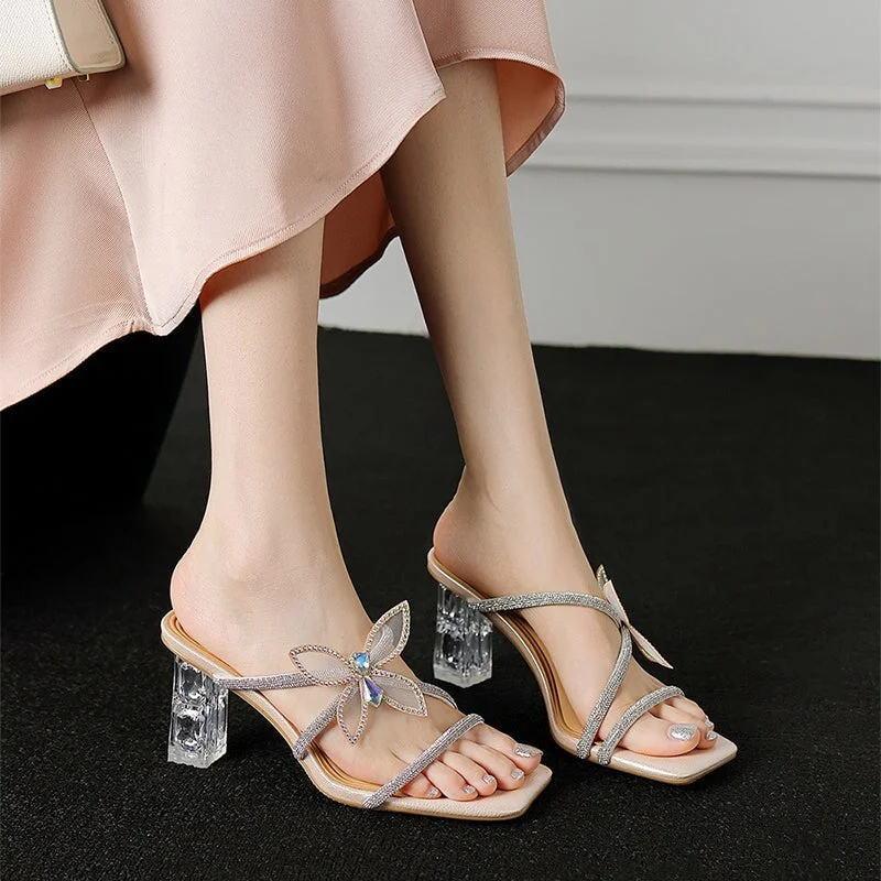 Discount Extravaganza Sweet Crystal-embellishment Butterfly Detail Leather Slippers 75mm Block Heel in Silver/Pink Discount Extravaganza Sweet Crystal-embellishment Butterfly Detail Leather Slippers 75mm Block Heel in Silver/Pink